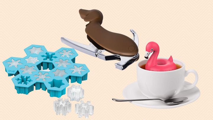 A snowflake-shaped ice tray, daschund pocket knife, and flamingo tea diffuser