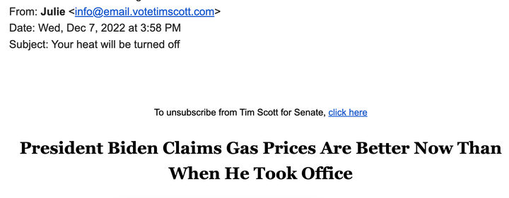 Une capture d'écran d'un e-mail de la campagne du sénateur Tim Scott.