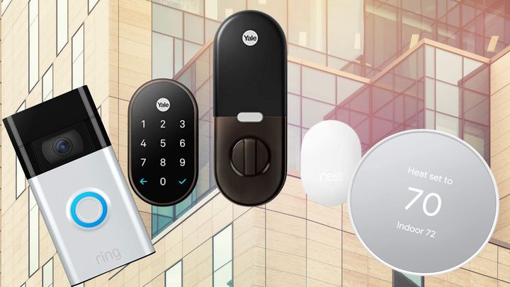 A Ring video doorbell, Google Nest X Yale smart lock and Nest smart thermostat.