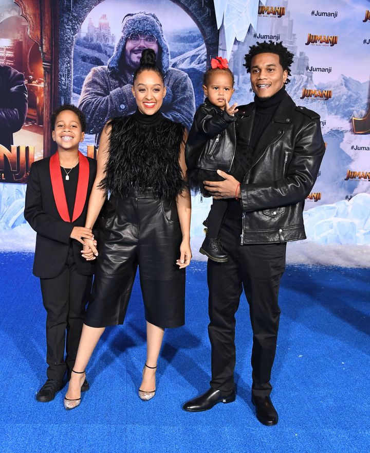 Tia Mowry and Cory Hardrict with their children, Cree and Cairo, at the premiere Of Sony Pictures' "Jumanji: The Next Level" on Dec. 9, 2019, in Hollywood, California.