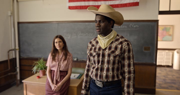 Jessica Hecht and Conphidance in a scene from season one of "Little America"