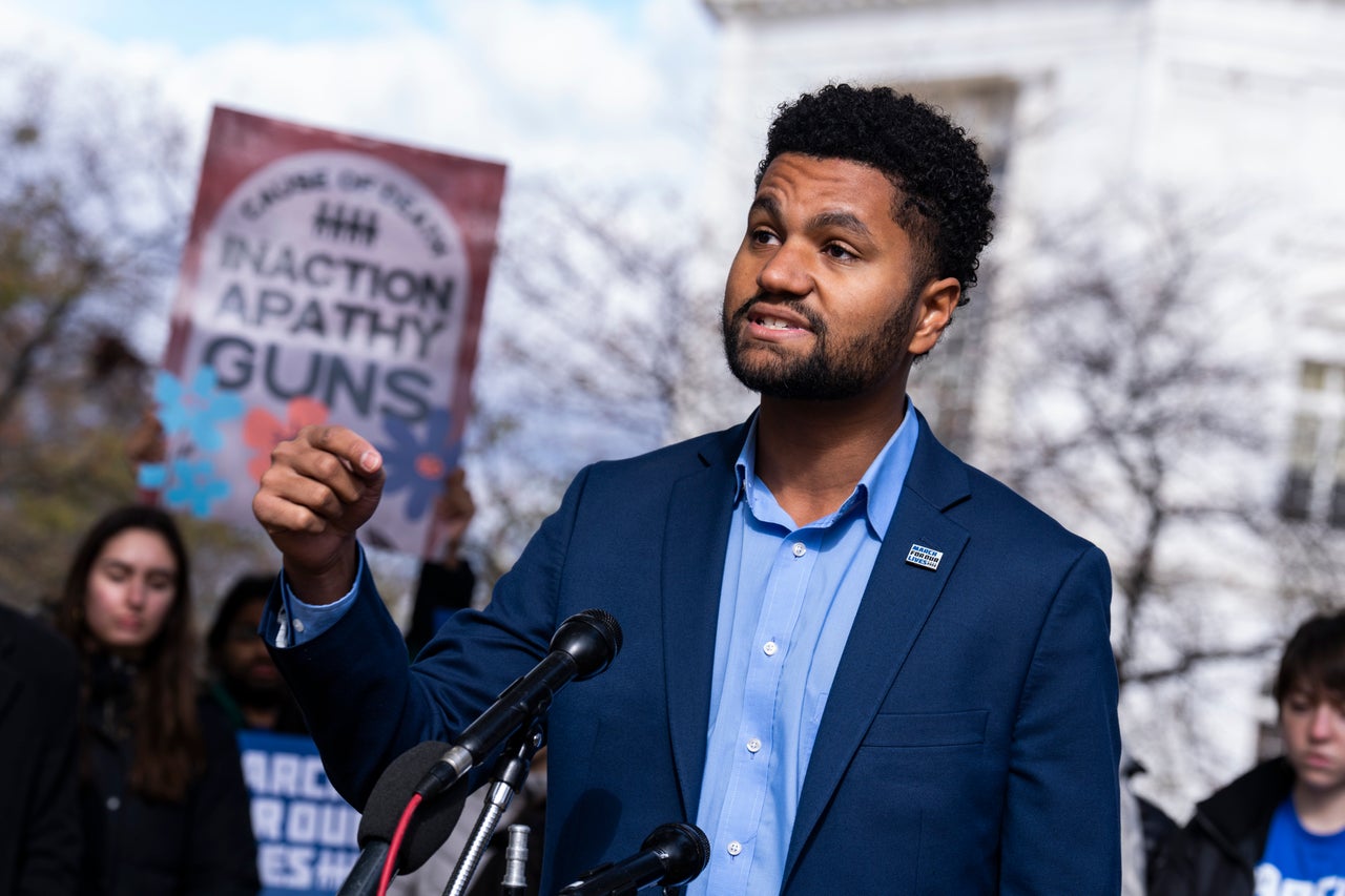 Frost speaks during a rally outside the Capitol, calling on the Senate to vote on an assault weapons ban. The Florida Democrat has described the 2012 Sandy Hook Elementary School shooting as his "call to action" in politics.