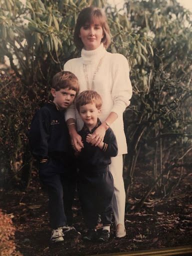 The author with her sons Billy (left) and Randy (right), posing for their Christmas photo in 1990.