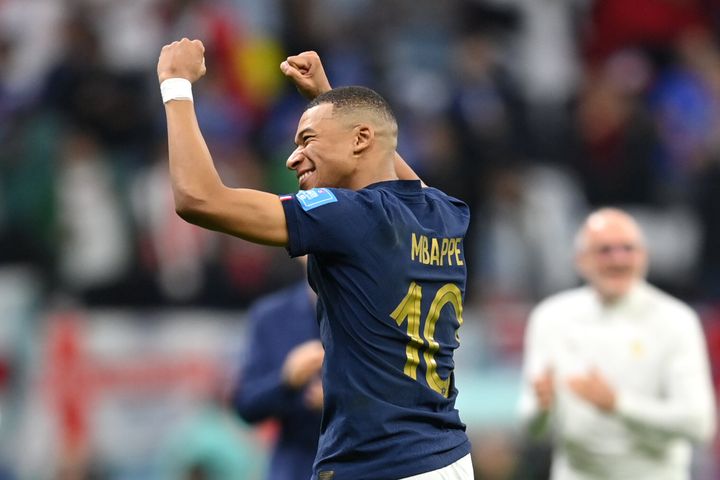 AL KHOR, QATAR - DECEMBER 10: Kylian Mbappe of France celebrates after the 2-1 win during the FIFA World Cup Qatar 2022 quarter final match between England and France at Al Bayt Stadium on December 10, 2022 in Al Khor, Qatar. (Photo by Dan Mullan/Getty Images)