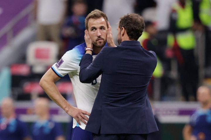AL KHOR, QATAR - DECEMBER 10: Harry Kane of England, Coach Gareth Southgate of England disappointed after being knocked out during the World Cup match between England v France at the Al Bayt Stadium on December 10, 2022 in Al Khor Qatar (Photo by David S. Bustamante/Soccrates/Getty Images)
