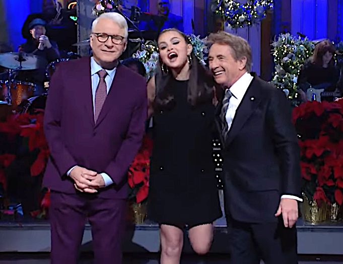 "Only Murders in the Building" stars Steve Martin, Selena Gomez and Martin Short hug it out during the monologue on "Saturday Night Live." 