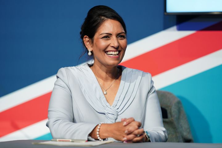 Priti Patel speaks at the Conservative Party conference at Birmingham ICC on October 04, 2022.