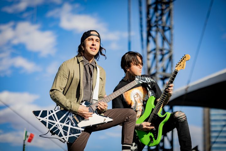 Vic Fuentes and Cesar Antonio Perry Soto of Pierce the Veil perform at the 2022 When We Were Young Festival at the Las Vegas Festival Grounds in October in Las Vegas, Nevada.