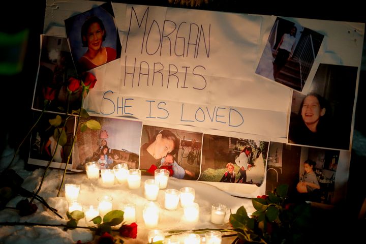 Photos of Morgan Harris are shown as family and friends of three murdered women gather at a vigil in Manitoba, Winnipeg, on Dec. 1, 2022. It was announced that Jeremy Skibicki faces three more charges of first-degree murder.