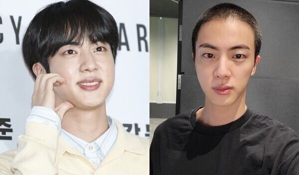 BTSのメンバーJINさん。右が兵役前に新しく公開した丸刈姿