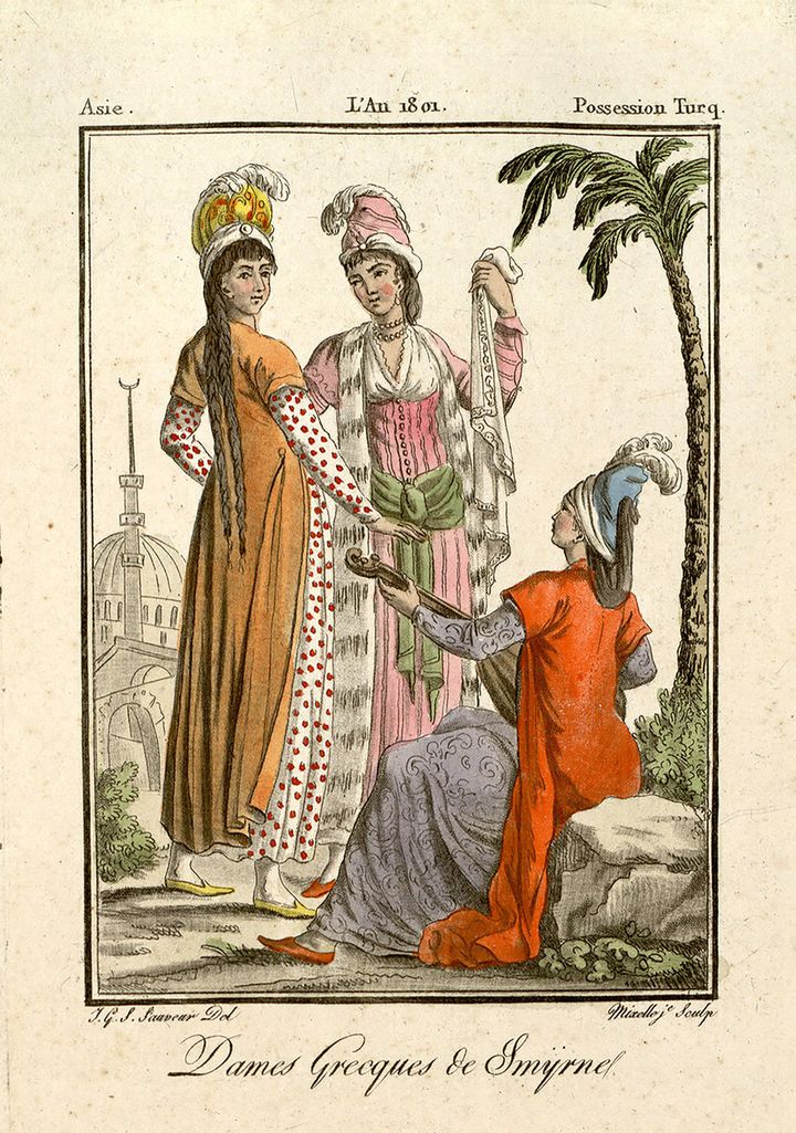 Dames Grecques de Smyrne [Ελληνίδες της Σμύρνης]. Λιθογραφία του Jean Marie Mixelle. Τέλη 18ου αιώνα.