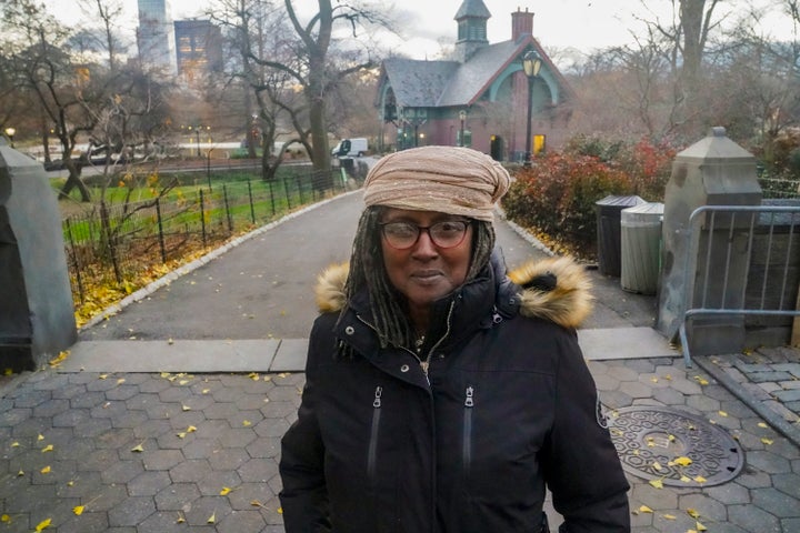 Sharonne Salaam, mother of Yusef Salaam who was one of five men exonerated after being wrongfully convicted as teenagers for the 1989 rape of a jogger in Central Park, stands at the park's northeast gateway which will be named "Gate of the Exonerated" to honor the five men.