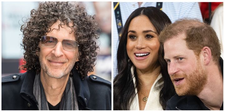 A photo composite shows Howard Stern, left, along with Meghan Markle and Prince Harry.