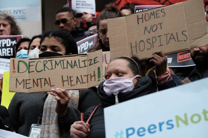 Opponents of New York Mayor Eric Adam's plan to involuntarily send mentally ill homeless people to psychiatric hospitals rally at City Hall on Dec. 8, 2022, in New York City. The mayor's plan has been met with fierce opposition from civic groups, homeless advocates and some law enforcement.
