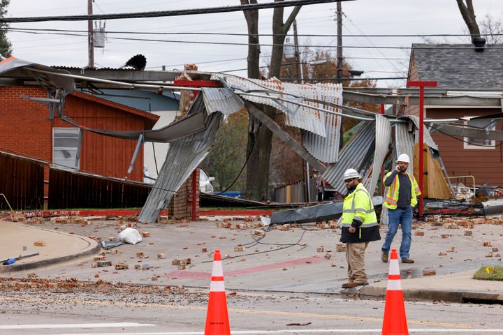 Crews survey damage from a possible tornado in Grapevine, Texas on Tuesday. 