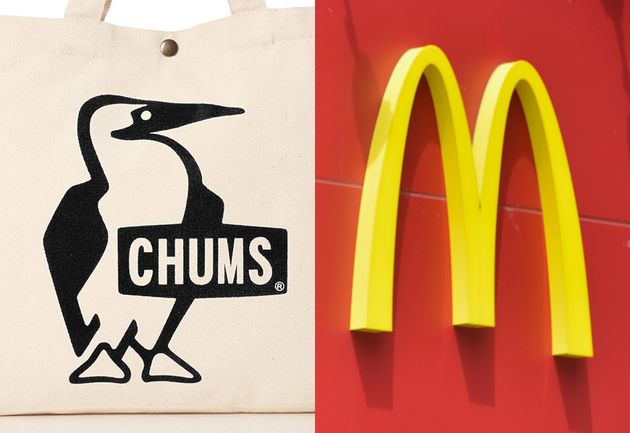 「CHUMS」のショルダーバッグに描かれたマスコットキャラ（左）と、マクドナルドのロゴ