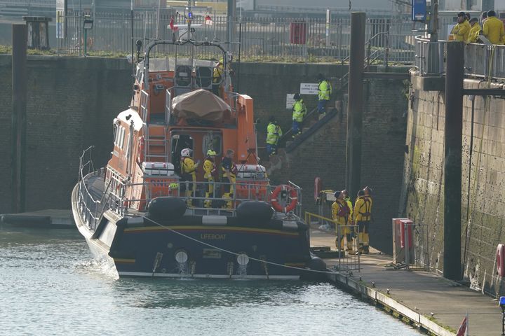 The Dover lifeboat returns to the Port of Dover after a large search and rescue operation launched in the Channel off the coast of Dungeness, in Kent.