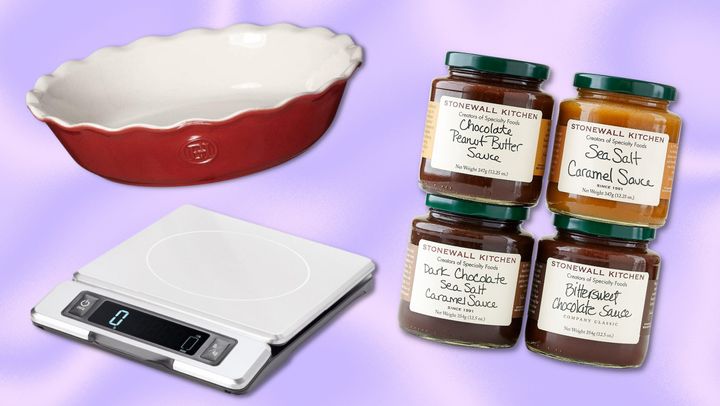 An Emile Henry 9-inch pie dish, OXO 11-pound scale, and Stonewall Kitchen dessert topping set