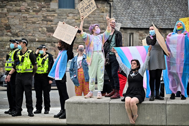 Campaigners calling for trans rights earlier this year outside the Scottish government