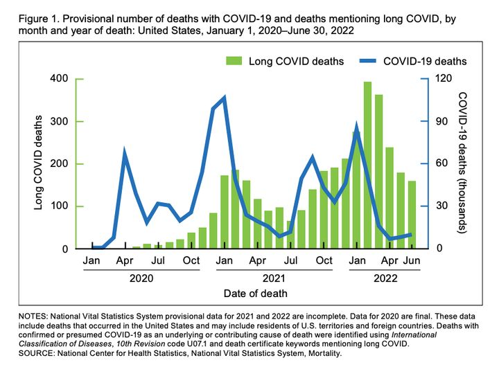 The number of deaths related to long-COVID, seen here in green, have generally risen since the start of the pandemic. This has been attributed in part to more medical workers understanding and identifying the complex.