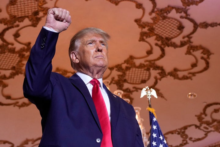 Former President Donald Trump stands on stage after announcing a third run for president at Mar-a-Lago in Palm Beach, Florida, on Nov. 15. Trump has spent years teasing the prospect of another presidential run. But in the first week since announcing his third bid for the White House, he's done little to suggest that he's organizing a traditional campaign.