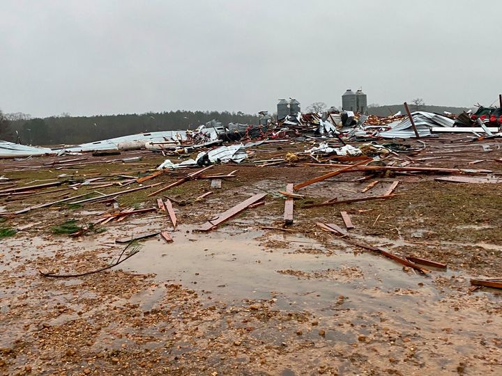 A chicken farm was damaged from a tornado on Wednesday, Dec. 14, 2022 in Pelahatchi, Miss. A destructive storm ripping across the U.S. spawned tornadoes that killed a young boy and his mother in Louisiana, smashed mobile homes and chicken houses in Mississippi and threatened neighboring Southern states with additional severe weather Wednesday.