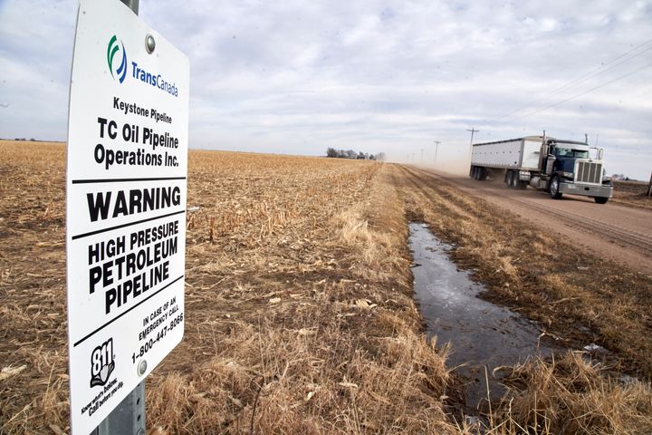 A grain truck drives past a Keystone pipeline pumping station near Milford, Nebraska, on Jan. 9, 2020.