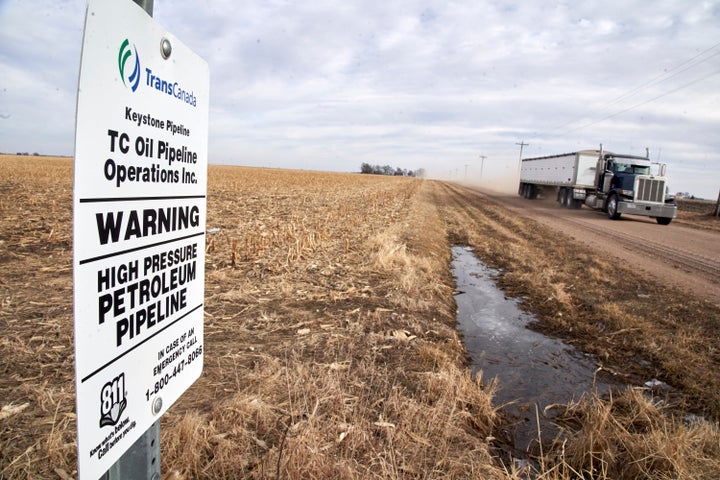 A grain truck drives past a Keystone pipeline pumping station near Milford, Nebraska, on Jan. 9, 2020.