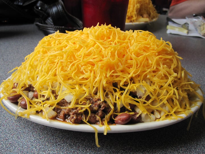 A plate of chili over spaghetti at Camp Washington Chili in Cincinnati.