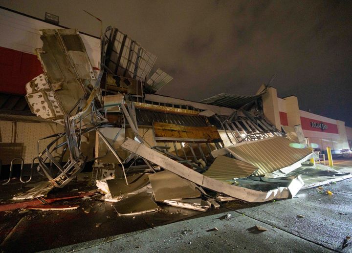 A Winn-Dixie facade fell due to a tornado in Gretna, La., in Jefferson Parish neighboring New Orleans on Wednesday, Dec. 14, 2022. No one in the store was injured.