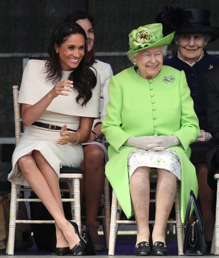 The queen and the Duchess of Sussex on their first official engagement. 