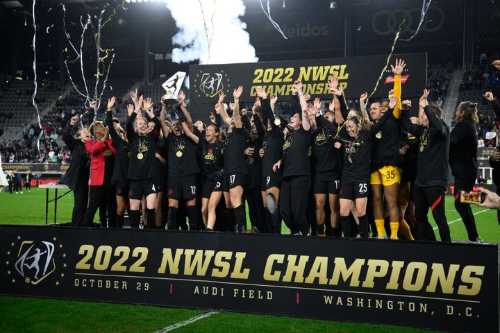Portland Thorns FC celebrates a NWSL championship win against the Kansas City Current.
