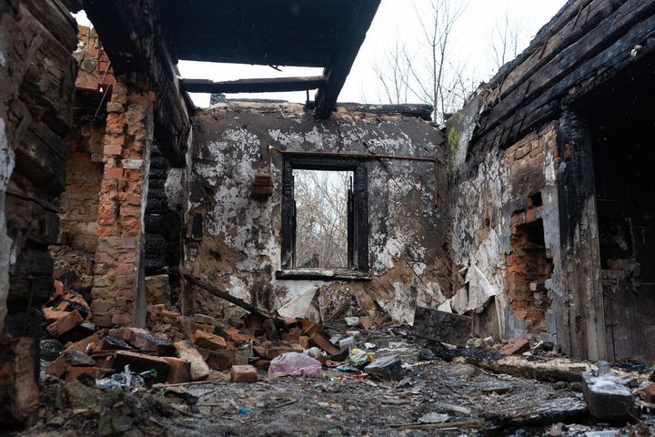 A view of *Dmytro's house that burned down, near Chernihiv, Ukraine.