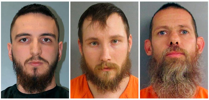 This combination of undated booking photos provided by the Alvin S. Glenn Detention Center and the Jackson County Sheriff's Office, show, from left, Paul Bellar, Joseph Morrison and Pete Musico.