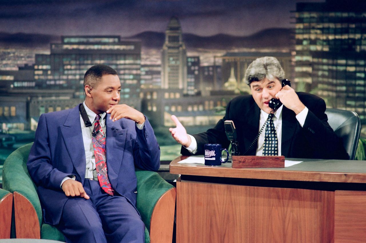 From Left: "Tonight Show" bandleader, Branford Marsalis and host Jay Leno during the "Psychic Hotline" sketch on Oct. 15, 1993.