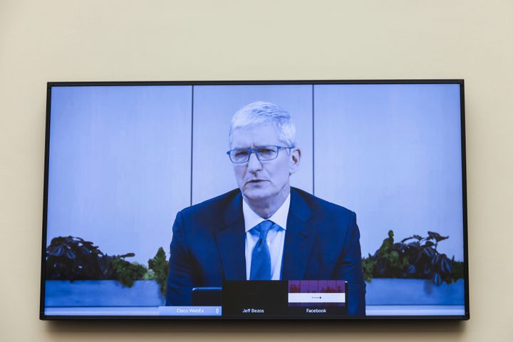 Apple CEO Tim Cook speaks at a House Judiciary Committee hearing on antitrust in July 2020. Apple and its peers have stepped up lobbying to rebuff a regulatory push.