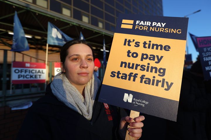 Staff Nurse Courtney Watson joins members of the Royal College of Nursing (RCN) on the picket line outside Mater Infirmorum Hospital in Belfast as nurses in England, Wales and Northern Ireland take industrial action over pay. Picture date: Thursday December 15, 2022.