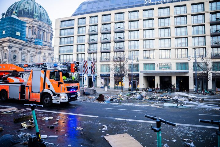 Debris lay on the street after a huge fish tank burst at the Sea Life Aquarium in central Berlin on Friday. A police spokesman said at least one person was lightly injured.