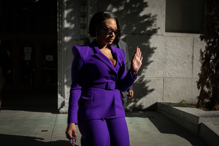 Megan Thee Stallion makes her way Tuesday to a Los Angeles courthouse to testify in the trial of rapper Tory Lanez for allegedly shooting her in the foot as they left a Los Angeles party in July 2020.