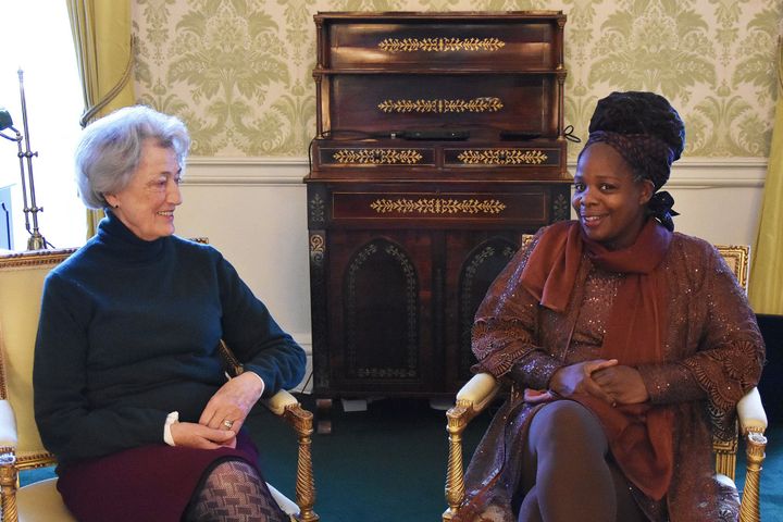 Lady Susan Hussey (left) meeting Ngozi Fulani, founder of the charity Sistah Space in the Regency room in Buckingham Palace, London.