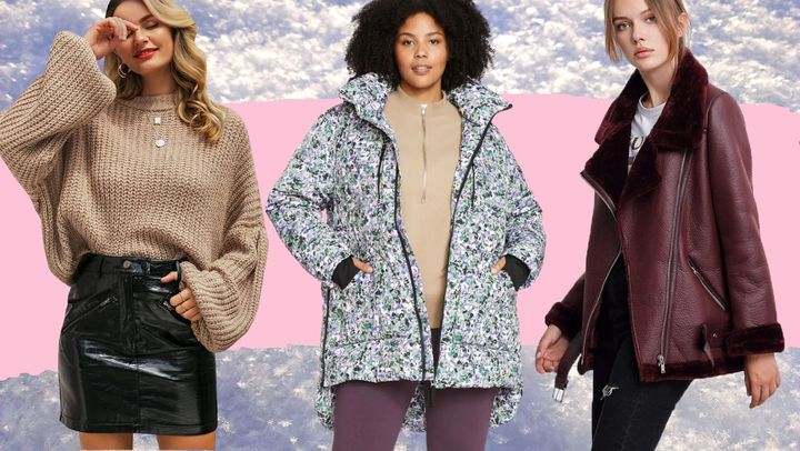 An oversized chunky-knit sweater, a mid-hooded printed puffer and a faux shearling-lined moto jacke.