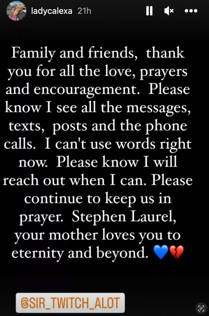 Stephen 'tWitch' Boss' Mother Breaks Silence After His Death With Heartbreaking Message 2 Connie Boss Alexander thanked fans for their support but said she "can't use words right now."