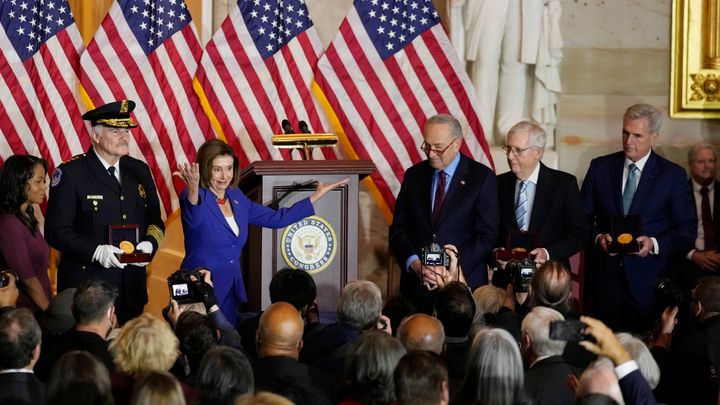 Speaking of House Confirmed Nancy Pelosi of California, from left, US Capitol Police Chief J. Thomas Manger, Senate Majority Leader Chuck Schumer of New York, Senate Minority Leader Mitch McConnell of Kentucky, and House Minority Leader Kevin McCarthy, during a Congressional Gold Medal Ceremony honoring law enforcement officials, who defended the US Capitol on Jan. 6, 2021, at the US Capitol Rotunda in Washington, Tuesday, December 6, 2022. (AP Photo/Carolyn Kaster)