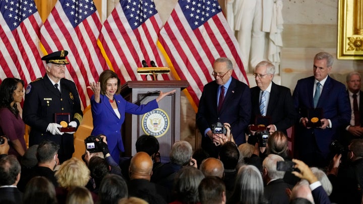 Speak of the House Nancy Pelosi of Calif., acknowledges from left, U.S. Capitol Police Chief J. Thomas Manger, Senate Majority Leader Chuck Schumer of N.Y., Senate Minority Leader Mitch McConnell of Ky., and House Minority Leader Kevin McCarthy, during a Congressional Gold Medal ceremony honoring law enforcement officers who defended the U.S. Capitol on Jan. 6, 2021, in the U.S. Capitol Rotunda in Washington, Tuesday, Dec. 6, 2022. (AP Photo/Carolyn Kaster)