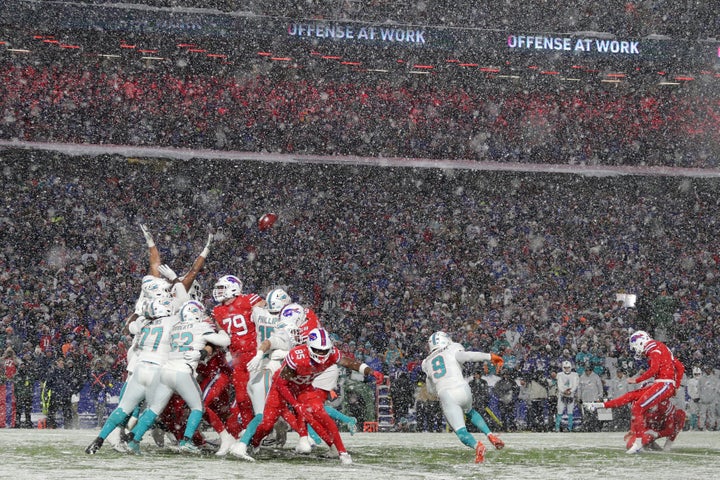 Buffalo Bills place kicker Tyler Bass (2) kicks a game-winning field goal during the second half of an NFL football game against the Miami Dolphins in Orchard Park, New York on Saturday. The Bills won 32-29.