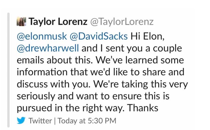 Journalist Taylor Lorenz's Twitter account was suspended after she sent this tweet to Elon Musk, she said.