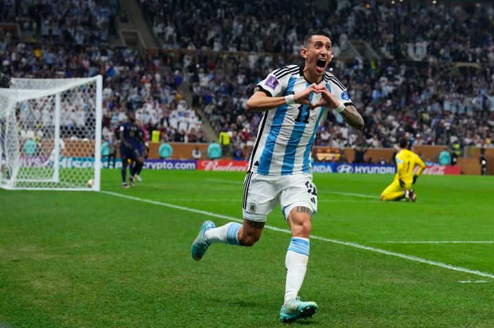 Argentina's Angel Di Maria celebrates after scoring his team's second goal during the World Cup final soccer match between Argentina and France at the Lusail Stadium in Qatar on Sunday.