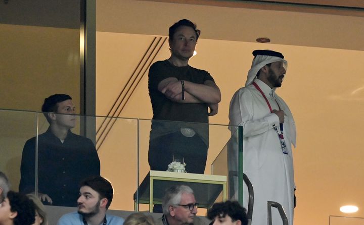 Jared Kushner (left) and Elon Musk (center) look on during the FIFA World Cup Qatar 2022 final match between Argentina and France at Lusail Stadium on Sunday in Qatar.