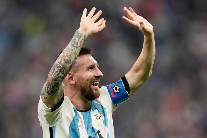 Argentina's Lionel Messi reacts after winning the World Cup final soccer match in a penalty shootout.