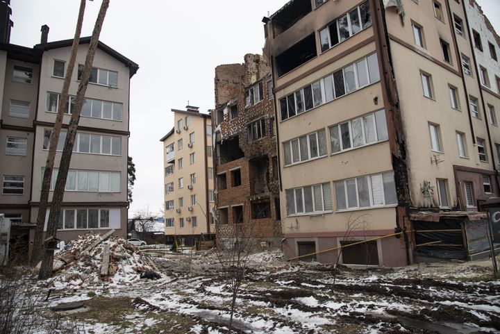 IRPIN, UKRAINE - DECEMBER 18: Damaged residential buildings are seen in the city of Irpin, Ukraine on December 18, 2022. (Photo by Danylo Antoniuk/Anadolu Agency via Getty Images)